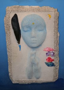 A Prayer Lady 8; Dyed Concrete with Feather & Prayer Flags - $130 - SOLD