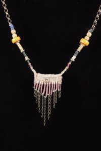 Pink Brass Ring; Woven Hemp, Bronze, Glass, Wood, BrassChain, Copper, Hemp-woven dyed cord - $95