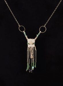 Two Rings Jade; Woven Hemp, Bronze,BrassChain, Jad, Glass, Bronze Beads, Tibetan Bell - $95