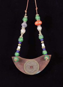 Dragon Shield; Bronze, Brass, Glass & Brass Beads, Leather Cord - $105