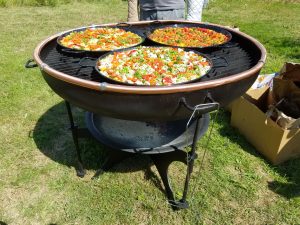 48" Custom Fire Pit cooking 3 Paella Pans